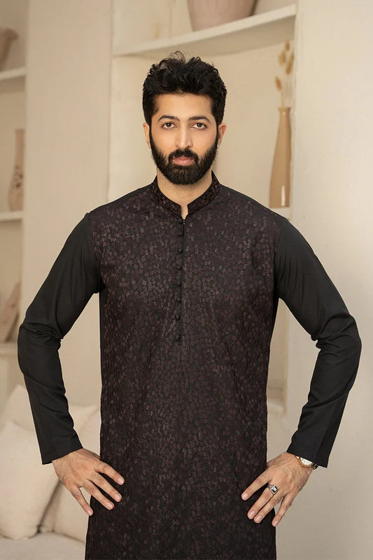 Fabrich - Men's Embroidered Unstitch Kameez Shalwar - Black