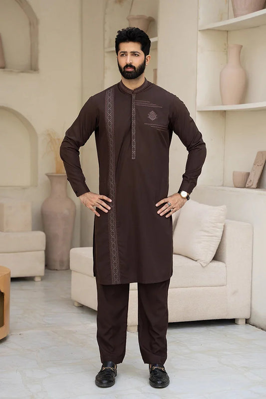 Fabrich - Men's Embroidered Unstitch Kameez Shalwar - Brown