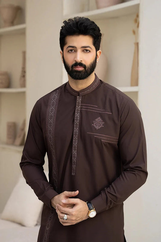 Fabrich - Men's Embroidered Unstitch Kameez Shalwar - Brown