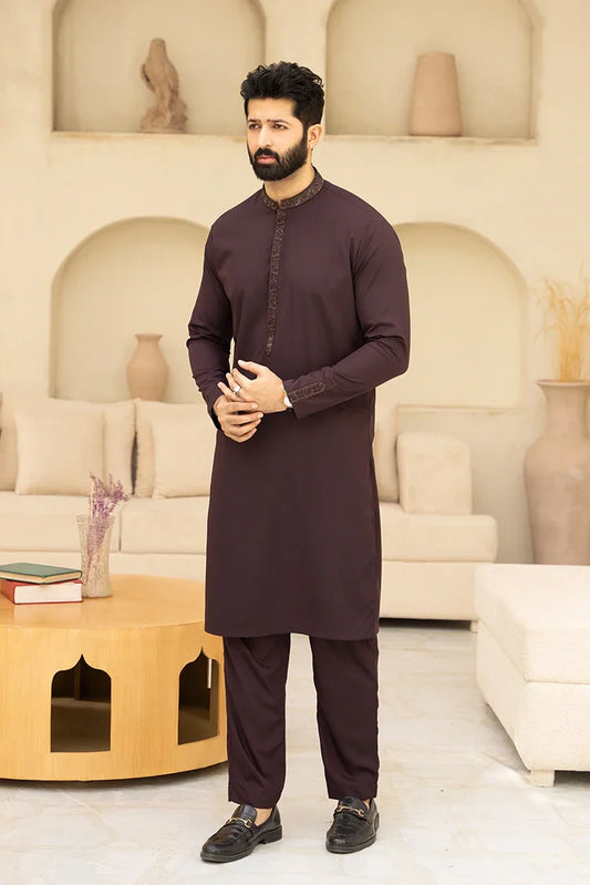 Fabrich - Men's Embroidered Unstitch Kameez Shalwar - Maroon Oak