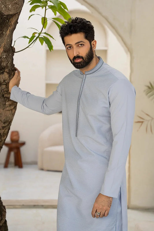 Fabrich - Men's Embroidered Unstitch Kameez Shalwar - Misty Blue