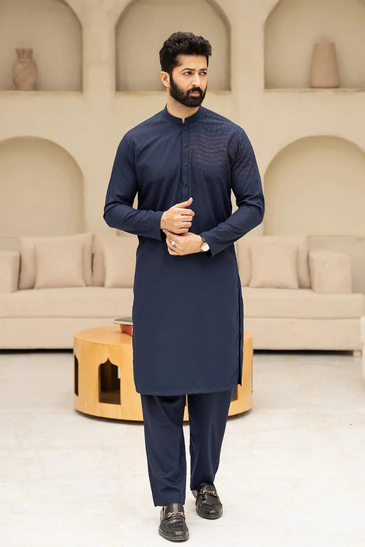 Fabrich - Men's Embroidered Unstitch Kameez Shalwar - Navy