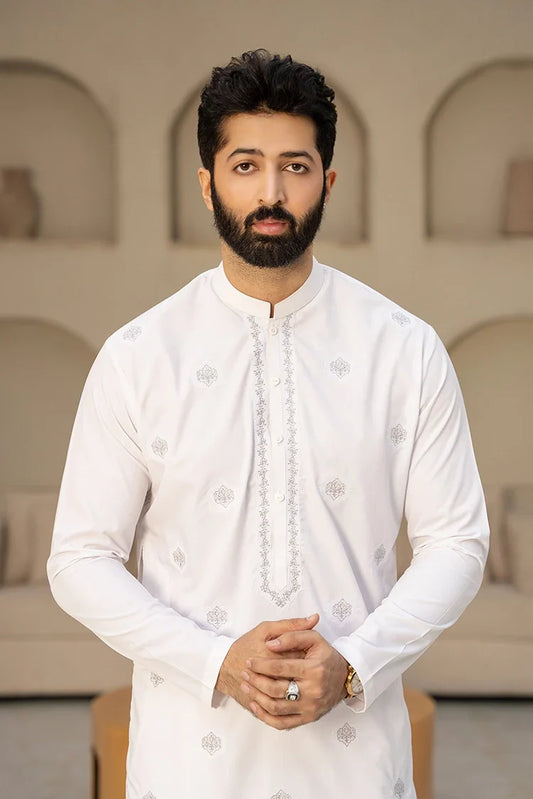Fabrich - Men's Embroidered Unstitch Kameez Shalwar - Off White