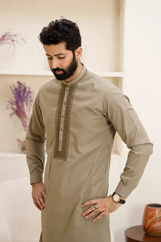 Fabrich - Men's Embroidered Unstitch Kameez Shalwar - Olive Khaki