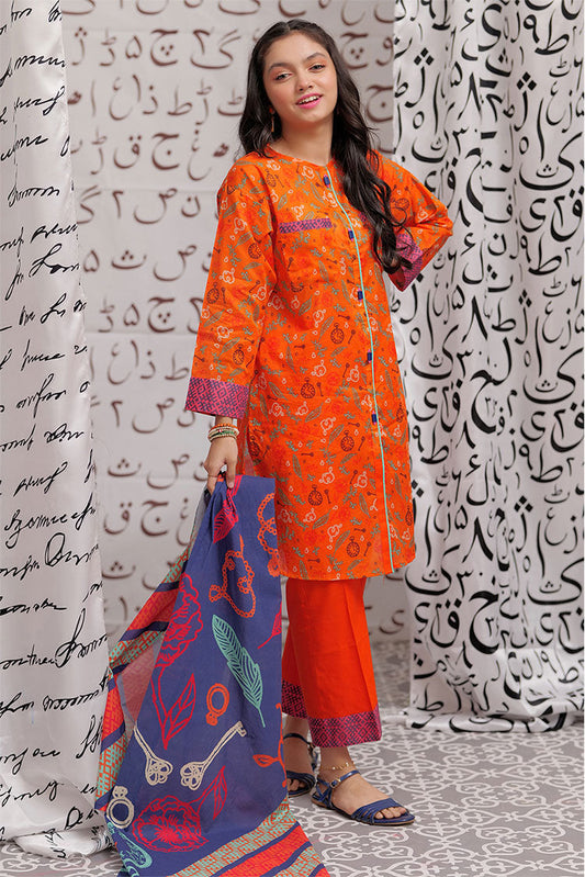 Senorita - GAD-02239 | Orange & Multicolor | Casual 3 Piece Suit | Cotton Cambric Printed