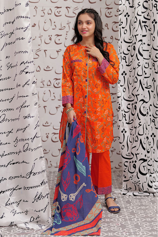 Senorita - GAD-02239 | Orange & Multicolor | Casual 3 Piece Suit | Cotton Cambric Printed