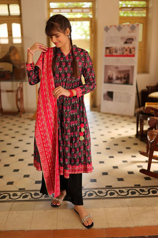 Senorita - GAD-02241 | BLACK & SHOCKING PINK | CASUAL 3 PIECE SUIT | COTTON LAWN PRINT