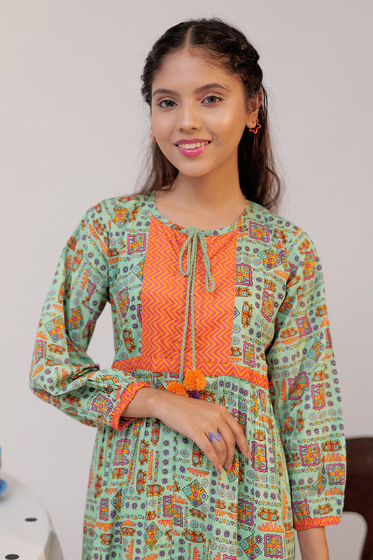 Senorita - GAD-02518 | Turquoise Green & Multicolor | Casual 3 Piece Suit | Cotton Cambric