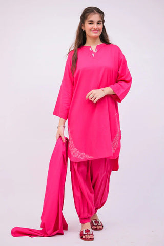 GAD-02736 | Shocking Pink | Casual 3 Piece Suit | Cotton Self Dobby