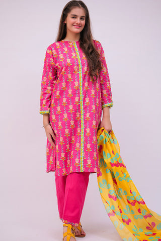 GAD-02748 | Shocking Pink & Multicolor | Casual 3 Piece Suit | Cotton  Lawn Printed