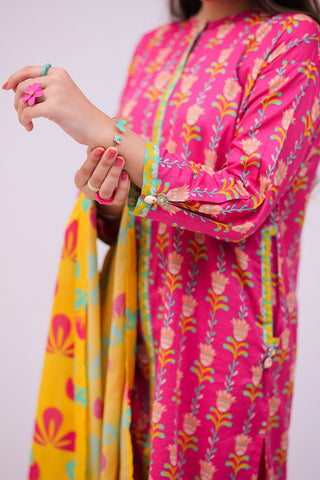 Picture of Senorita - GAD-02748 | Shocking Pink & Multicolor | Casual 3 Piece Suit | Cotton  Lawn Printed - Available at Raja Sahib