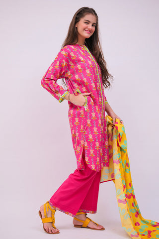 Senorita - GAD-02748 | Shocking Pink & Multicolor | Casual 3 Piece Suit | Cotton  Lawn Printed