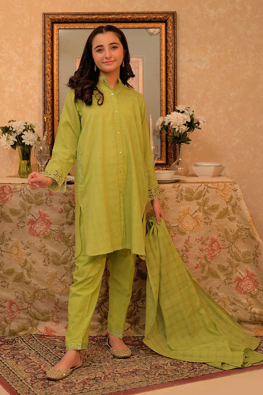 Picture of <!--apc-->GAD-02908 | Parrot Green | Casual 3 Piece Suit | Cotton Self dobby - Available at Raja Sahib