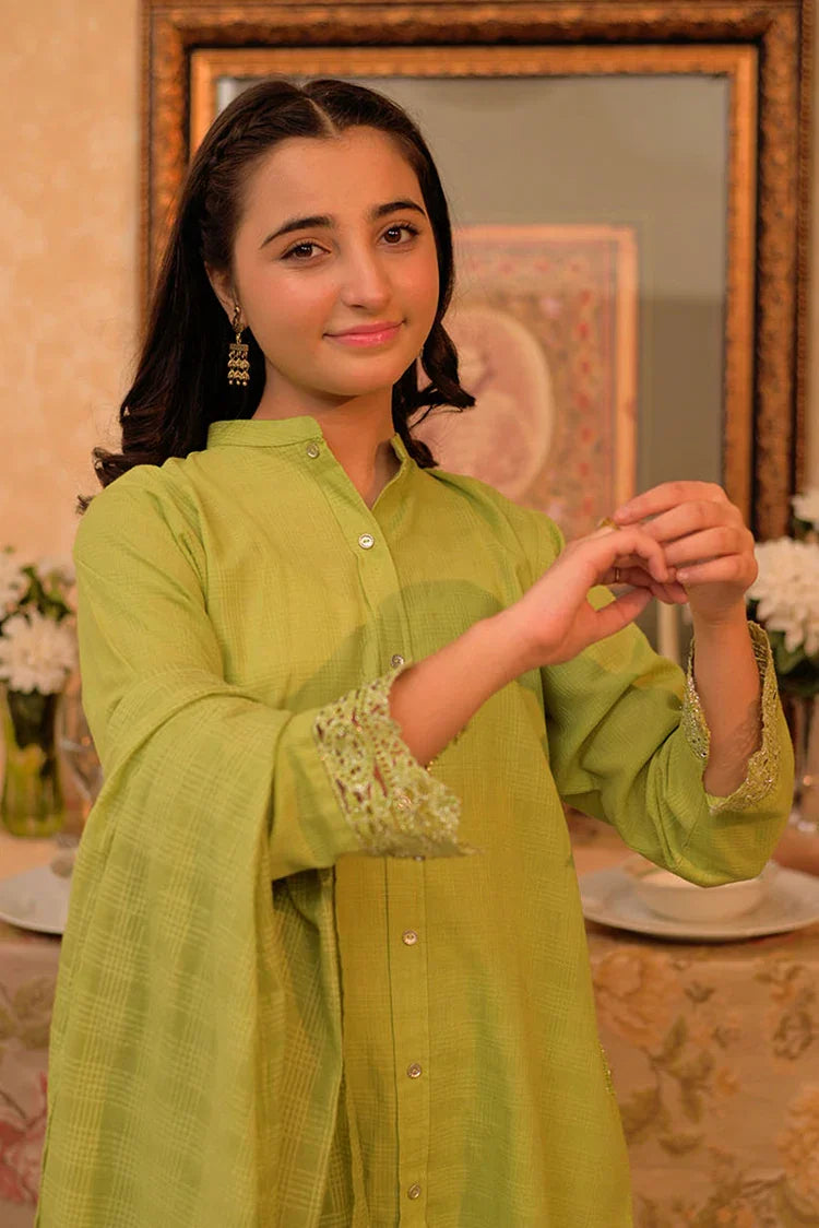 Picture of <!--apc-->GAD-02908 | Parrot Green | Casual 3 Piece Suit | Cotton Self dobby - Available at Raja Sahib