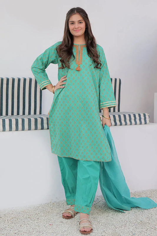 Picture of GAD-02928 | Sea Green & Orange | Casual 3 Piece Suit | Cotton Jacquard - Available at Raja Sahib
