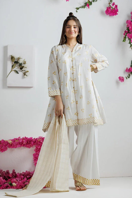 GAD-03134 | White & Gold | Casual 3 Piece Suit | Cotton Lawn Printed