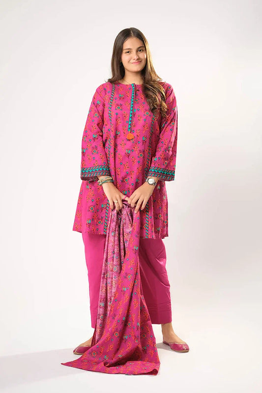Girls winter clothes | Shocking Pink & Multicolor | Casual 3 Piece Suit | Cotton Khaddar Printed | GAD-03199
