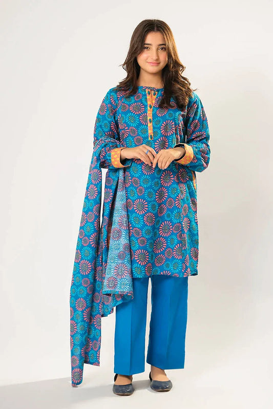Girls winter clothes | Blue & Multicolor | Casual 3 Piece Suit  | Cotton Khaddar Printed | GAD-03200