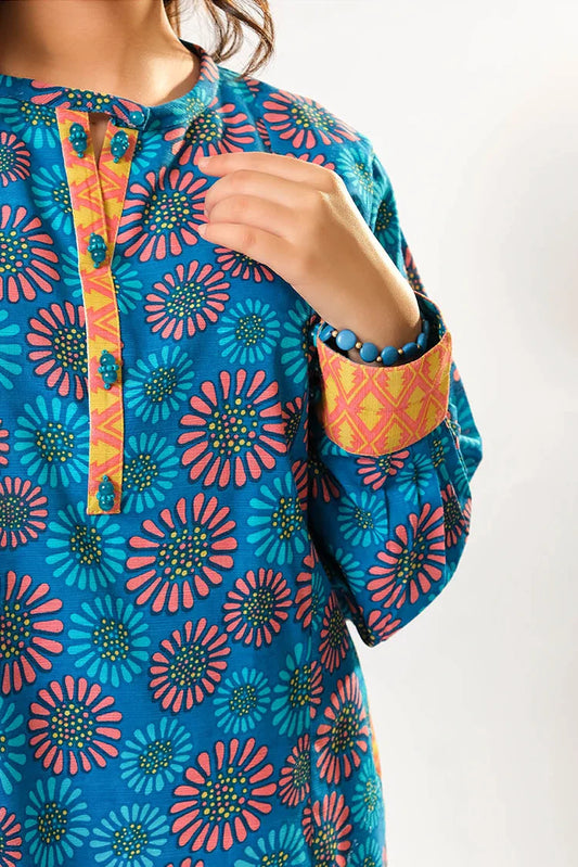 Girls winter clothes | Blue & Multicolor | Casual 3 Piece Suit  | Cotton Khaddar Printed | GAD-03200