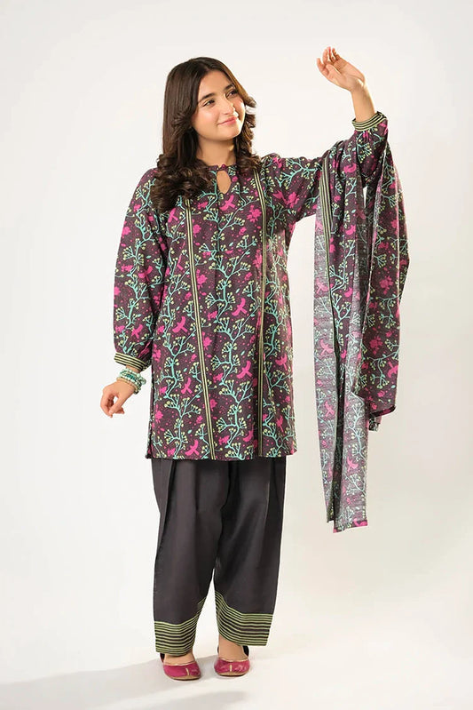Girls winter clothes | Grey & Multicolor | Casual 3 Piece Suit  | Cotton Khaddar Printed | GAD-03202