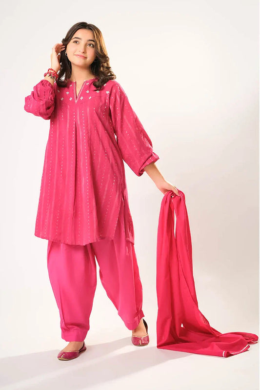 Girls winter clothes | S.Pink & Sliver | Casual 3 Piece Suit  | Cotton Karandi Dobby  | GAD-03213