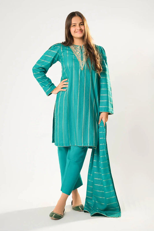 Girls winter clothes | Turquoise Green & Gold | Casual 3 Piece Suit  | Cotton Karandi Dobby  | GAD-03214