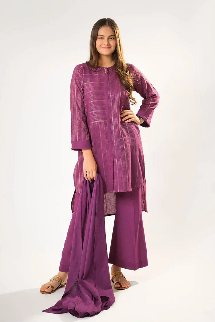 Girls winter clothes | Purple & Gold | Casual 3 Piece Suit  | Cotton Karandi Dobby  | GAD-03215