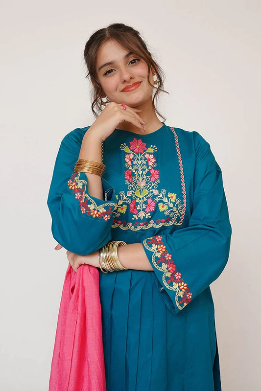 Senorita - Girls Casual Dress - Casual 3 Piece Suit  - Cotton Plain Embroidery - GAD-03413