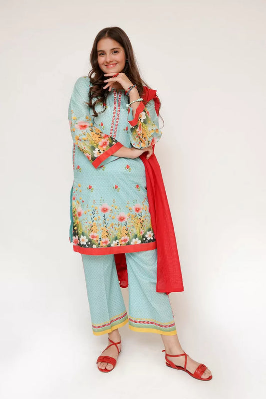 Senorita - Girls Eid Dress - Sea Green & Multicolor - Casual 3 Piece Suit - GAD-03474