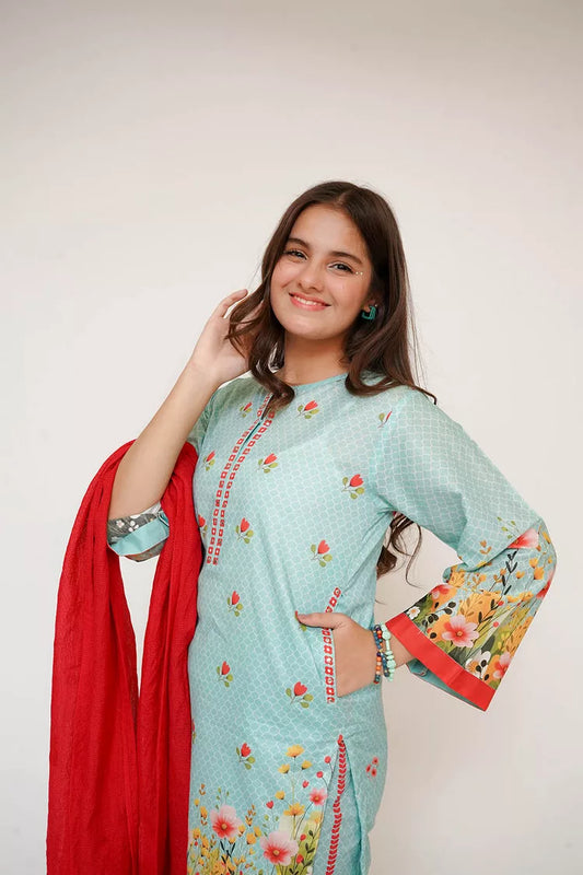 Senorita - Girls Eid Dress - Sea Green & Multicolor - Casual 3 Piece Suit - GAD-03474