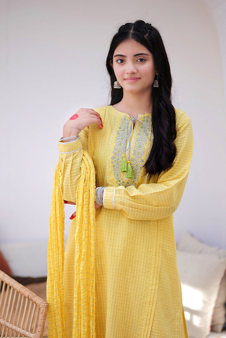 Picture of <!--byu-->Senorita - GBD-02246 | Yellow & Silver | Casual 3 Piece Suit | Cotton Dobby Lurex - Available at Raja Sahib