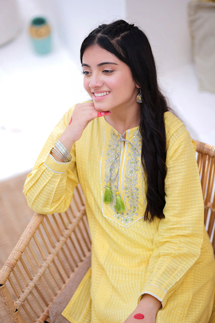 Picture of <!--byu-->Senorita - GBD-02246 | Yellow & Silver | Casual 3 Piece Suit | Cotton Dobby Lurex - Available at Raja Sahib