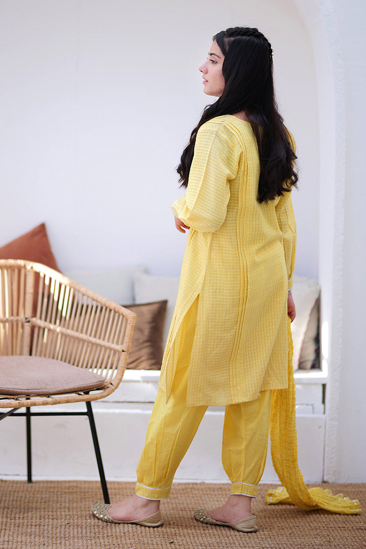 Picture of <!--byu-->Senorita - GBD-02246 | Yellow & Silver | Casual 3 Piece Suit | Cotton Dobby Lurex - Available at Raja Sahib