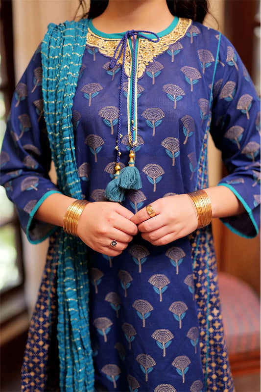 Senorita - GBD-02296 | Blue & Multicolor | Casual 3 Piece Suit  | Cotton Jacquard Meena