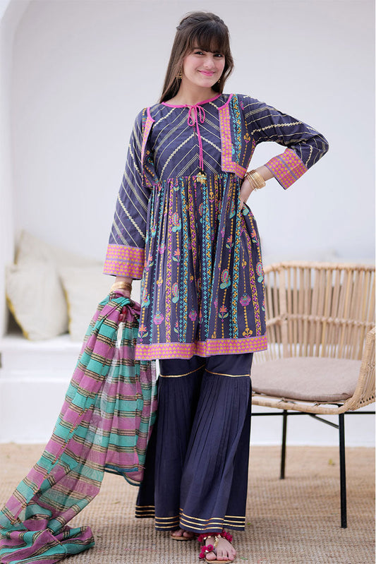 Senorita - GBD-02306 | Grey & Multicolor | Casual 3 Piece Suit  | Cotton Gold Printed Lawn