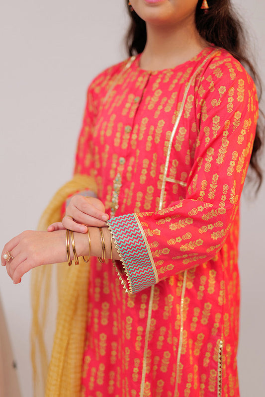 Senorita - GBC-02528 | Red & Gold | Casual Plus 3 Piece Suit  | Cotton Gold Print Lawn