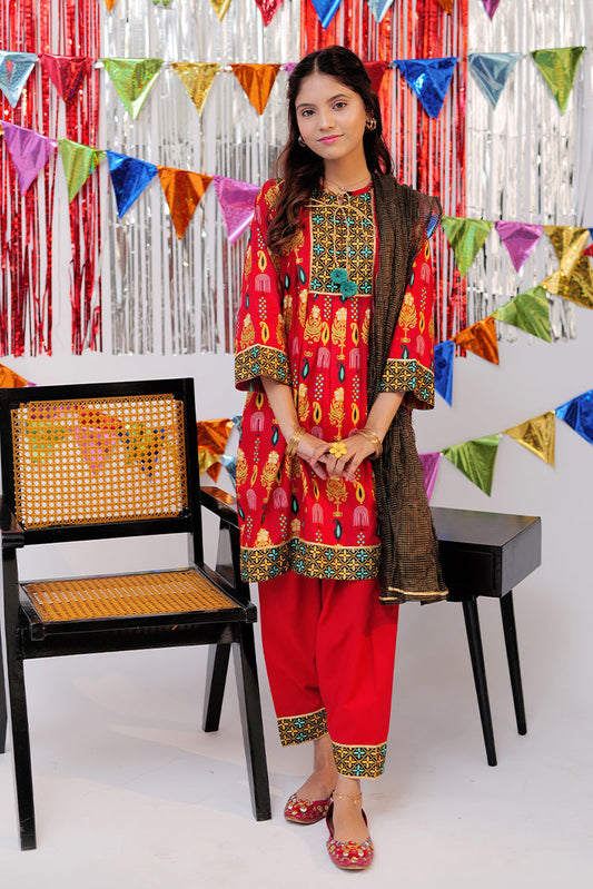 Senorita - GBD-02530 | Red & Gold | Casual Plus 3 Piece Suit  | Cotton Gold Print Lawn