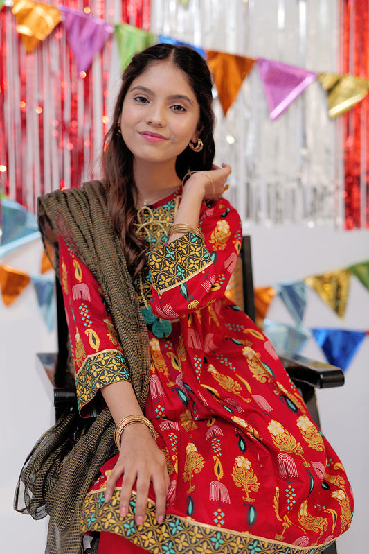 Senorita - GBD-02530 | Red & Gold | Casual Plus 3 Piece Suit  | Cotton Gold Print Lawn