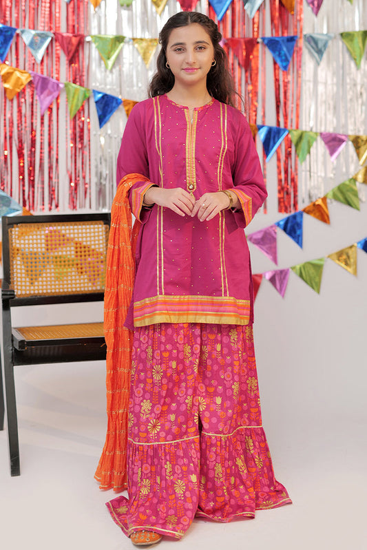 Senorita - GBD-02556 | Shocking Pink & Multicolor | Casual Plus 3 Piece Suit  | Cotton Gold Print Lawn