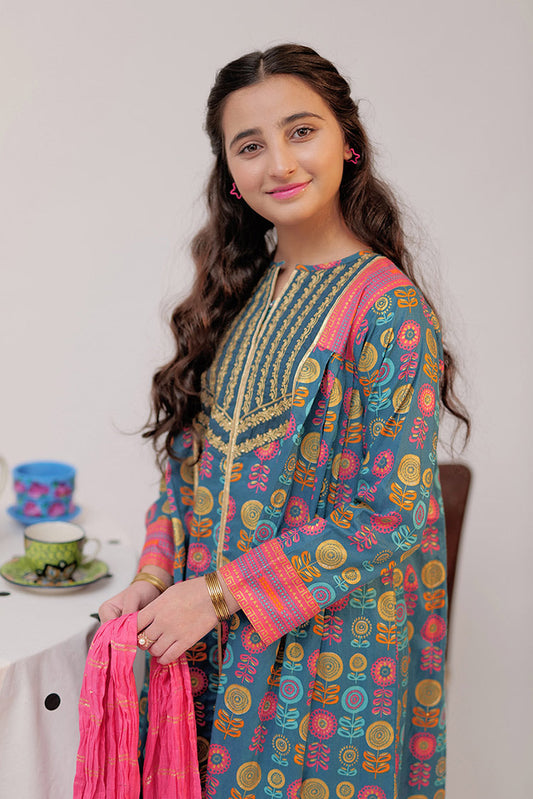 Senorita - GBD-02558 | Turquoise blue & Multicolor | Casual Plus 3 Piece Suit  | Cotton Gold Print Lawn