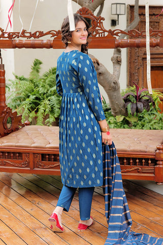 Picture of Senorita - GBD-02613 | Blue & Gold | Casual Plus 3 Piece Suit  | Cotton Dobby Jacquard - Available at Raja Sahib