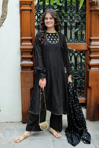 GBD-02623 | Black & Gold | Casual Plus 3 Piece Suit  | Cotton Dobby Jacquard