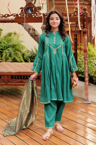 GBD-02629 | Turquoise Green & Golden | Casual Plus 3 Piece Suit  | Cotton Dobby Jacquard