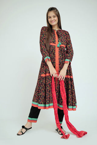 GBD-02648 | Black & Multicolor | Casual Plus 3 Piece Suit  | Cotton Lawn Printed