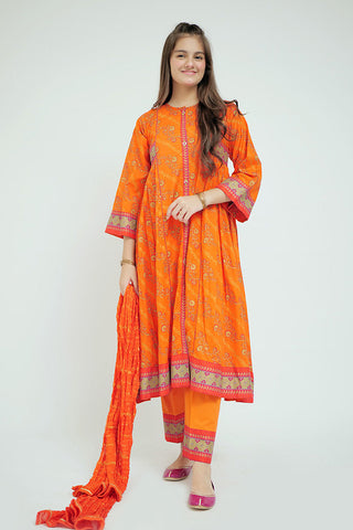 GBD-02649 | Orange & Gold | Casual Plus 3 Piece Suit  | Cotton Lawn Printed