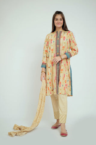 GBD-02669 | Fawn & Multicolor | Casual Plus 3 Piece Suit  | Cotton Gold Print Lawn