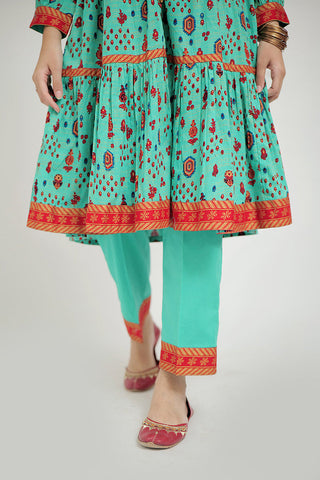 Senorita - GBD-02675 | Sea Green & Gold | Casual Plus 3 Piece Suit  | Cotton Gold Print Lawn