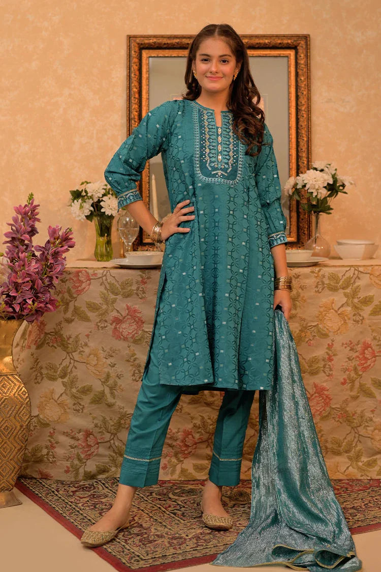 Picture of <!--awt-->GBD-02864 | Turquoise Blue & Gold | Casual Plus 3 Piece Suit | Cotton Viscose Filament Jacquard - Available at Raja Sahib