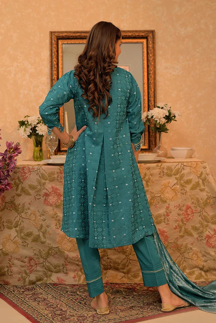 Picture of <!--awt-->GBD-02864 | Turquoise Blue & Gold | Casual Plus 3 Piece Suit | Cotton Viscose Filament Jacquard - Available at Raja Sahib