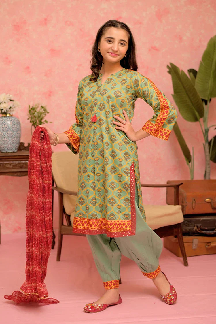 Picture of GBD-02886 | Green & Multicolor | Casual Plus 3 Piece Suit | Cotton Lawn Gold Print - Available at Raja Sahib